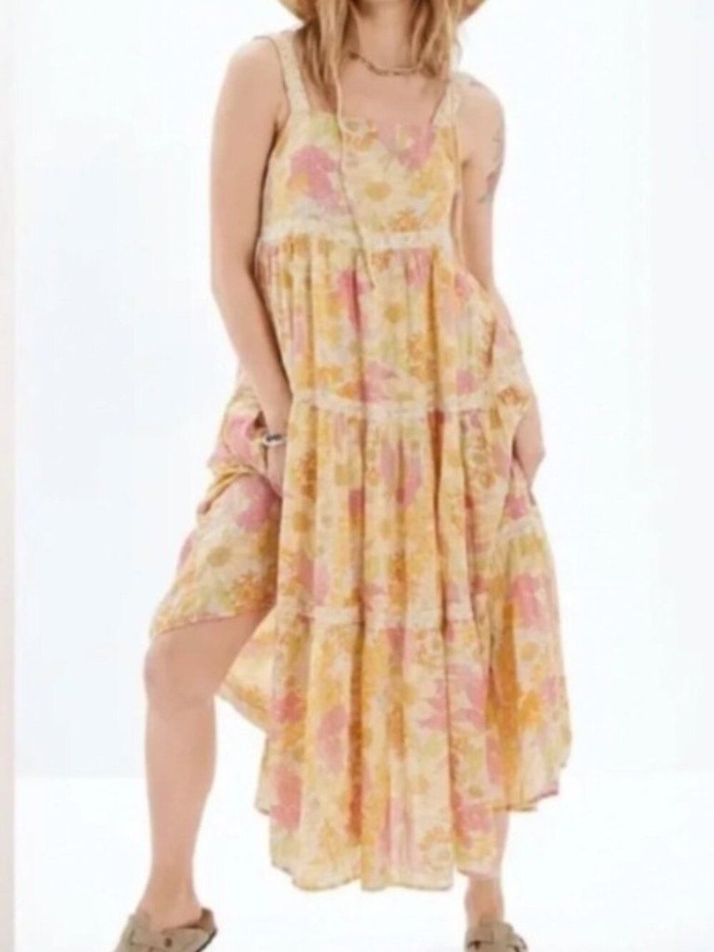American Eagle Brand Large Yellow Floral Boardwalk Low Back Tiered Midi Dress